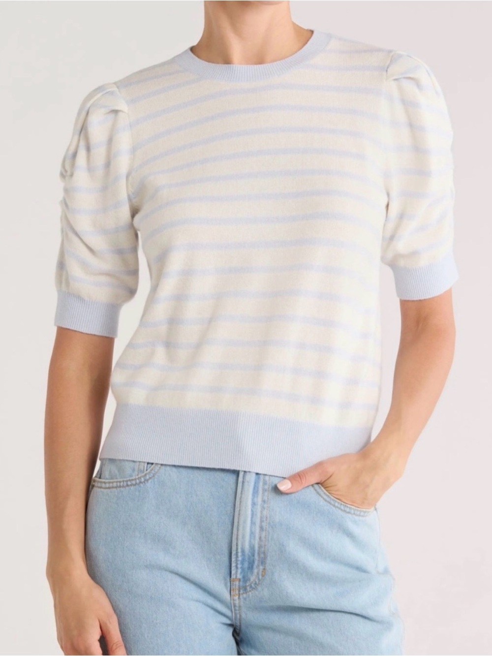 Frame Denim Light Blue and White Striped Short-Sleeve Sweater